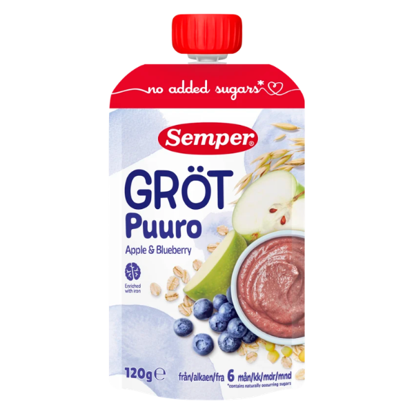 Semper spiseklar grød med blåbær og æble - ammenam