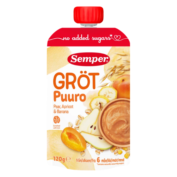Semper spiseklar grød med pære, abrikos & banan - Ammenam