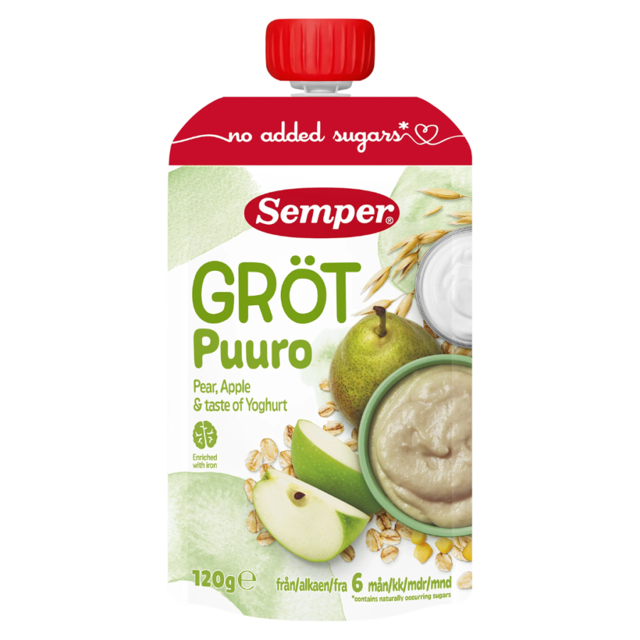 Semper spiseklar grød med yoghurt, æble & pære